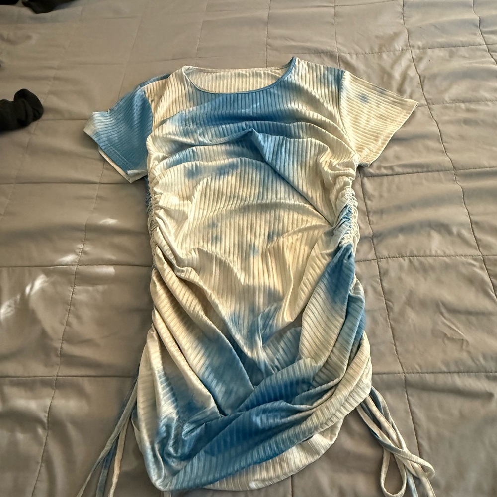 Blue and White Ruched Dress